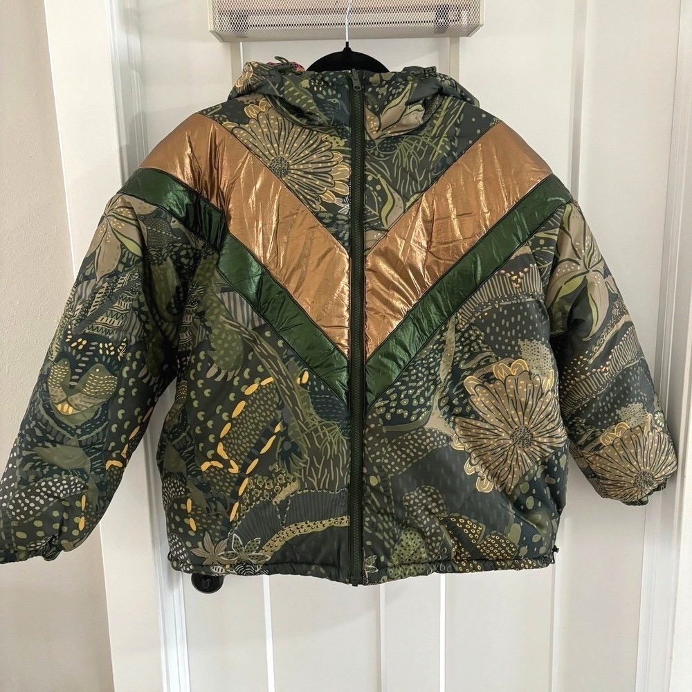 FARM Rio Green Cool Hooded Metallic Reversible Puffer Jacket Sz Small NWT